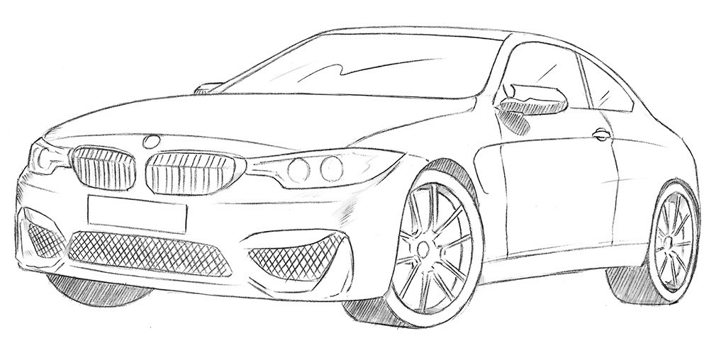 Как маркером поэтапно нарисовать BMW M3 E30 — черно-белый рисунок автомобиля