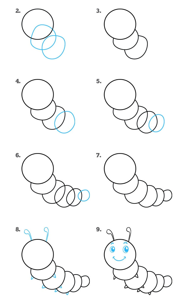 Рисунок гусеницы для детей: 2 способ